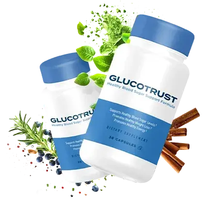 Two bottles of GlucoTrust, a dietary supplement for healthy blood sugar support