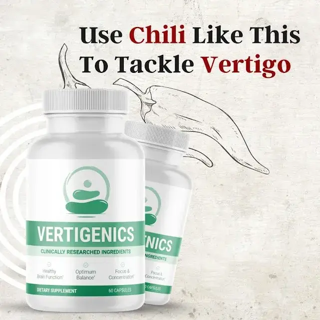 Vertigenics dietary supplement bottle highlighting clinically researched ingredients for healthy brain function, optimum balance, focus & concentration.