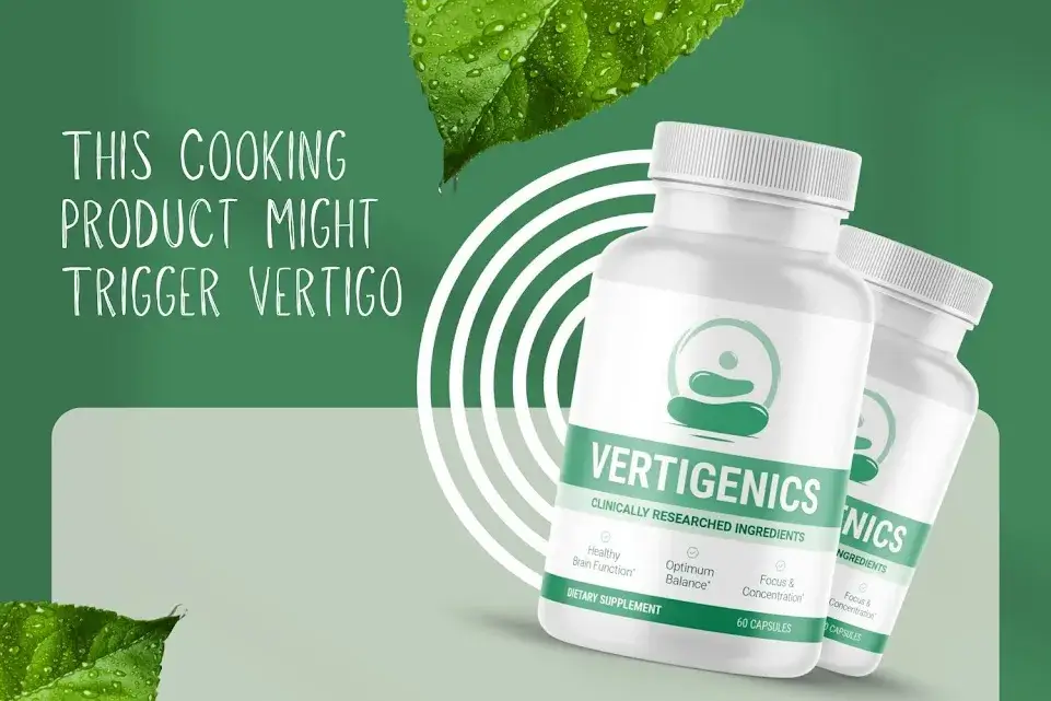 Vertigenics dietary supplement bottle highlighting clinically researched ingredients for healthy brain function, optimum balance, focus & concentration including a visual highlighting benefits.