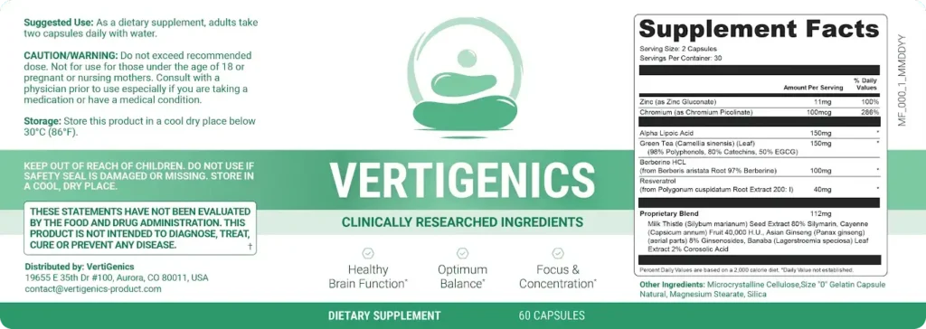 Vertigenics dietary supplement bottle highlighting clinically researched ingredients for healthy brain function, optimum balance, focus & concentration Includes supplement facts and FDA compliance details.
