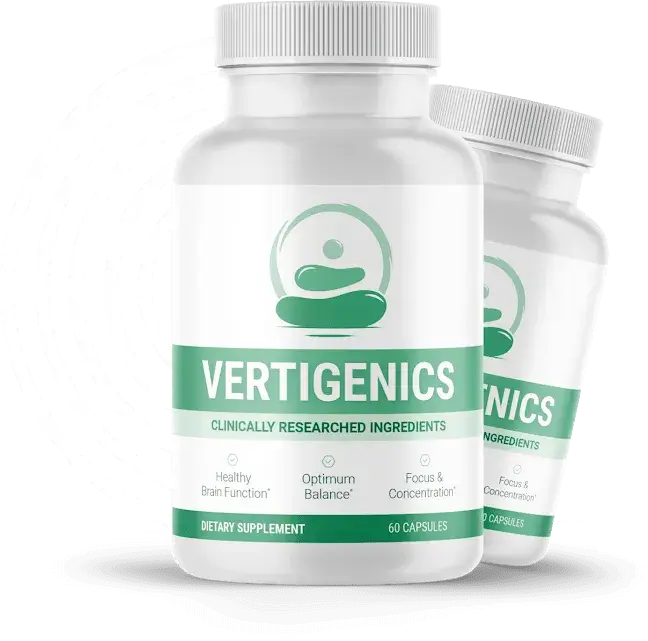 Vertigenics dietary supplement bottle highlighting clinically researched ingredients for healthy brain function, optimum balance, focus & concentration displayed with a modern design.

