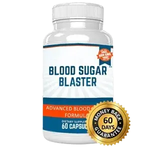 Blood Sugar Blaster reviews product packaging and bottle displayed on a clean surface.