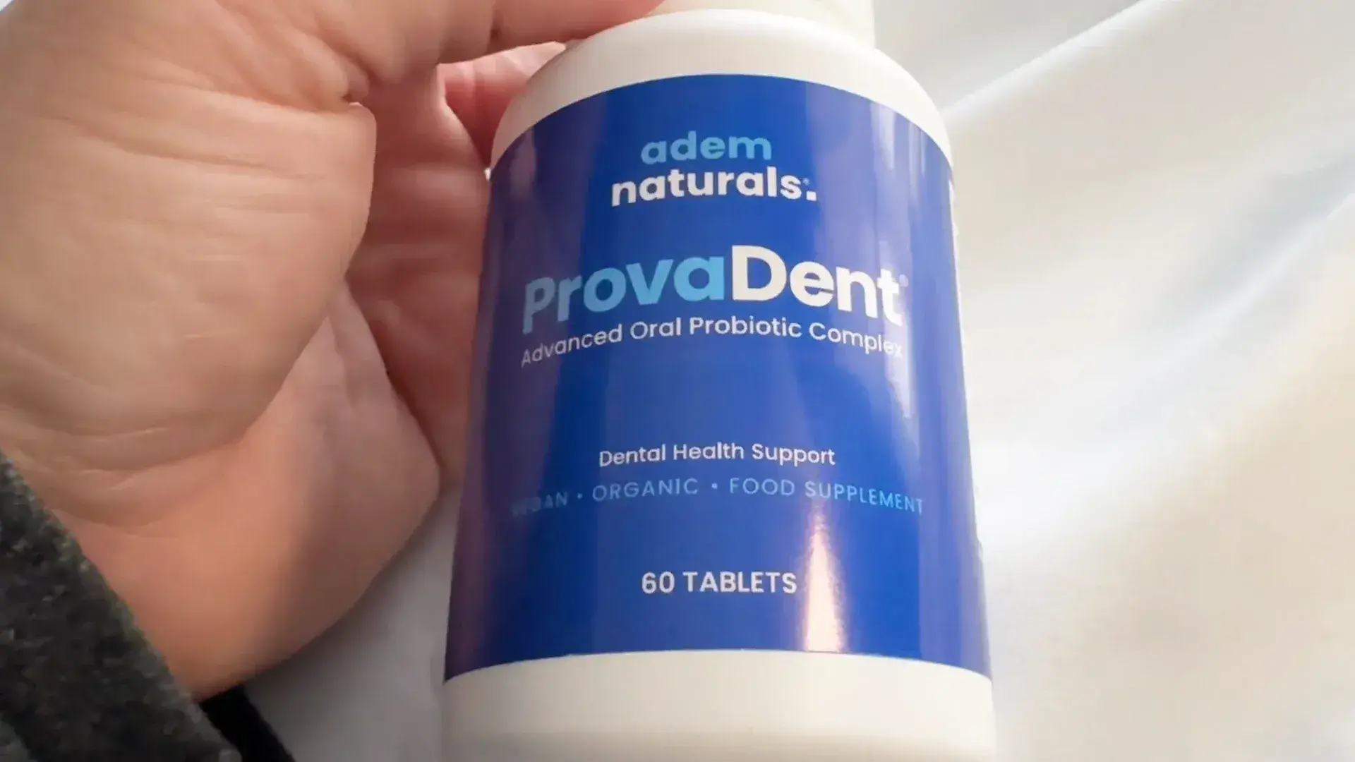 ProvaDent Supplement Facts highlighting key ingredients such as organic xylitol, Beta-glucanase, cranberry extract, and 4-strain probiotics for dental health and gum support.