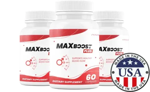 Max Boost Plus dietary supplement bottles supporting healthy blood flow, made in the USA, 60 capsules.