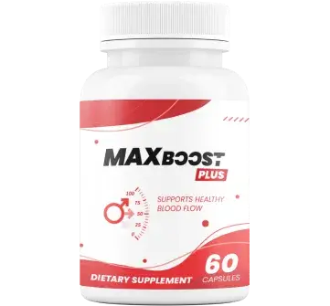 Max Boost Plus reviews dietary supplement bottles supporting healthy blood flow, made in the USA, 60 capsules.