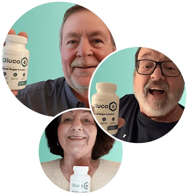 Happy customers holding Gluco6 supplement bottles, smiling and sharing positive Gluco6 reviews about its benefits for blood sugar levels and overall health.
