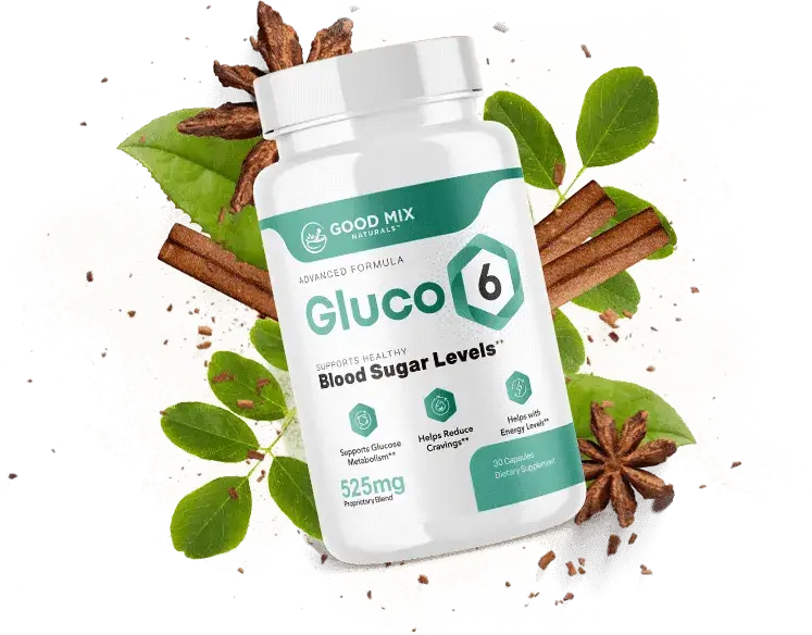 Gluco6 dietary supplement bottle with natural ingredients like cinnamon and green leaves, promoting healthy blood sugar levels, glucose metabolism, and reduced cravings.