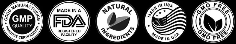 Mitolyn supplement badges indicating product quality and safety: GMP Quality Certification, FDA Registered Facility, Natural Ingredients, Made in USA, and GMO-Free.