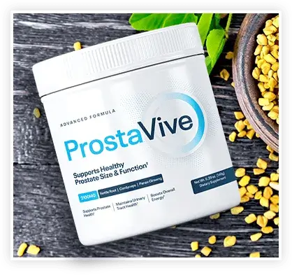 ProstaVive reviews dietary supplement bottle with a background of fenugreek seeds and green leaves, designed to support healthy prostate size, function, and overall well-being.