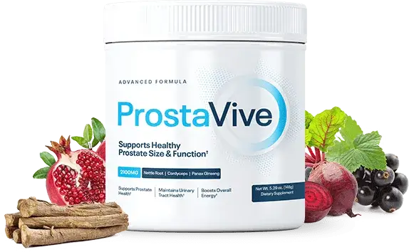 ProstaVive dietary supplement bottle with natural ingredients like pomegranate, nettle root, cordyceps, and panax ginseng, designed to support prostate health and boost energy.