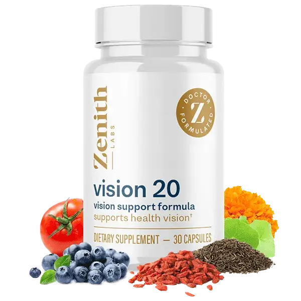 Vision 20 by Zenith Labs - A dietary supplement for vision support with natural ingredients like blueberries, tomatoes, marigold, and goji berries.