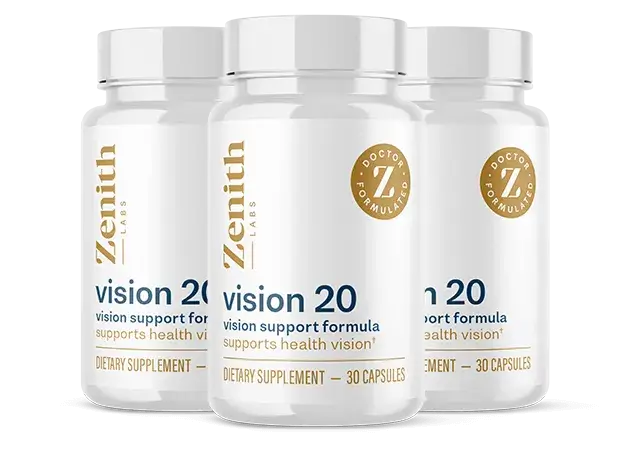 Three bottles of Zenith Labs Vision 20 dietary supplement, designed to support eye health and improve vision clarity.